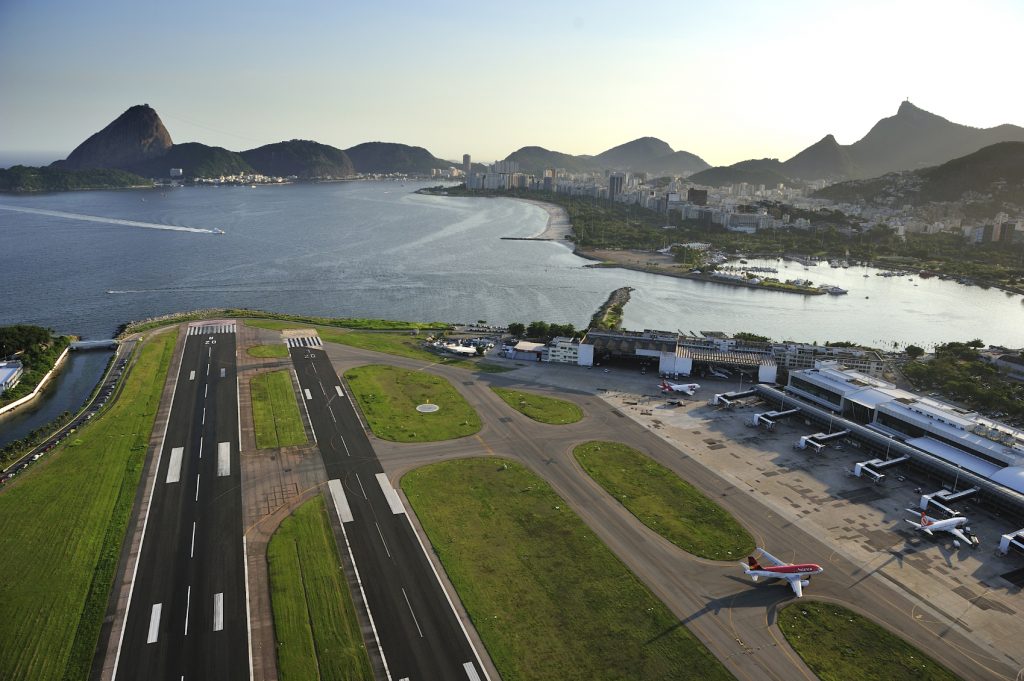 Santos Dumont airport, domestic airport of Rio, sits at the shore of Guanabara Bay, Rio de Janeiro, Brazil