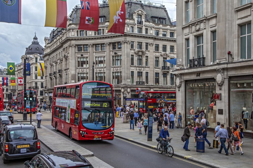 Oxford Circus Station, Oxford Street, City of Wesminster, West End of London, UK, StreetView. Europe's busiest shopping street.